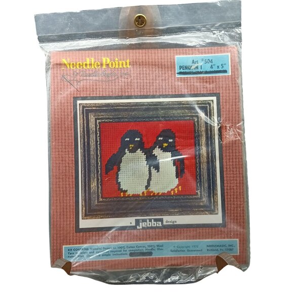 Vintage Jebba Design Needlepoint Kit Penguin Pair Art #504 4"x5" Canvas Complete - Picture 1 of 2
